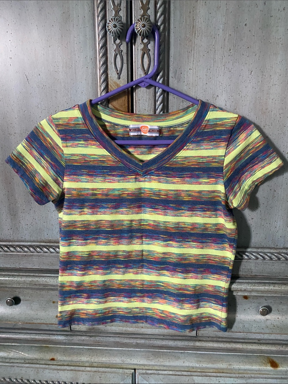 Striped V-Neck Girl’s Tee in Yellow and Multi-Colors
